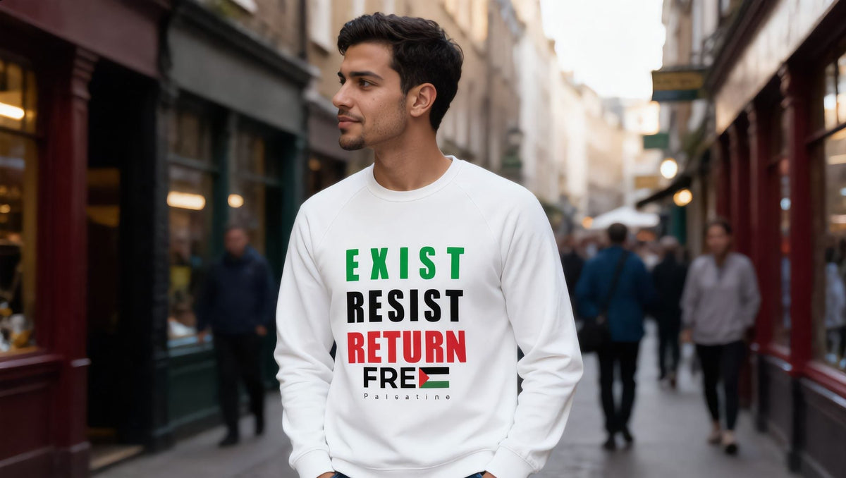 Man wearing a white Exist Resist Return raglan sweatshirt near Borough Market, London