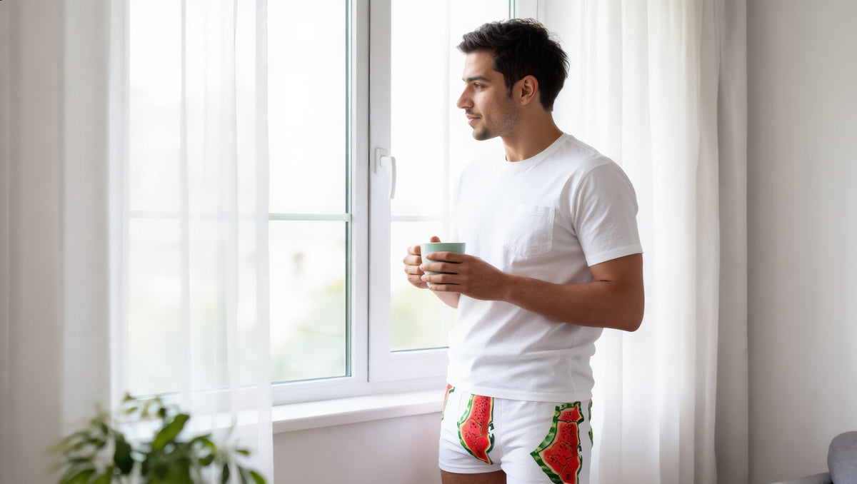 Man in watermelon print boxer briefs and a white t-shirt by a window in a London flat