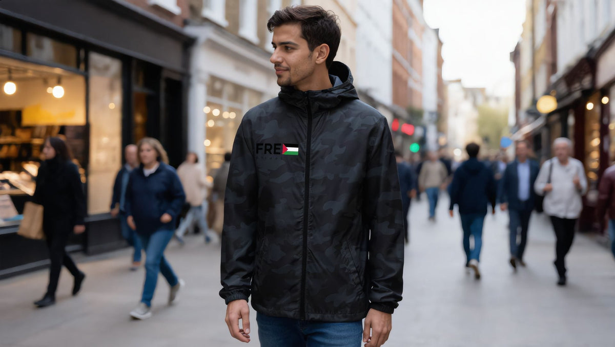 Man wearing a black camo Free Palestine windbreaker on Hackney Road, London