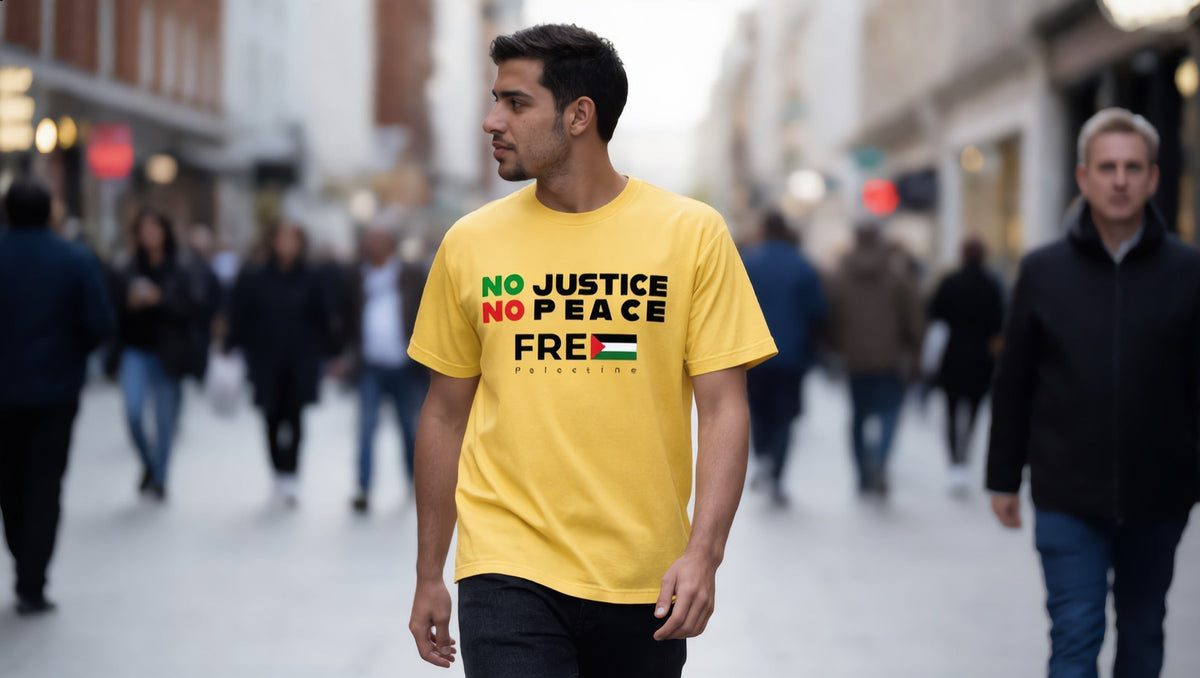 Man wearing a No Justice No Peace T-shirt on Whitehall, Westminster, London