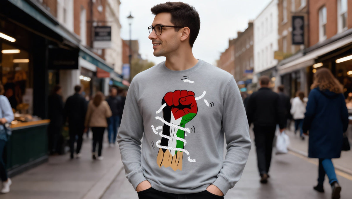 Man wearing a Palestine Hand long sleeve tee on Kingsland Road, Dalston, London