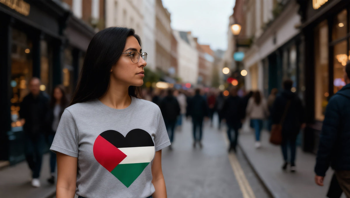 Woman wearing a Palestine Heart T-shirt on Neal Street, Covent Garden, London