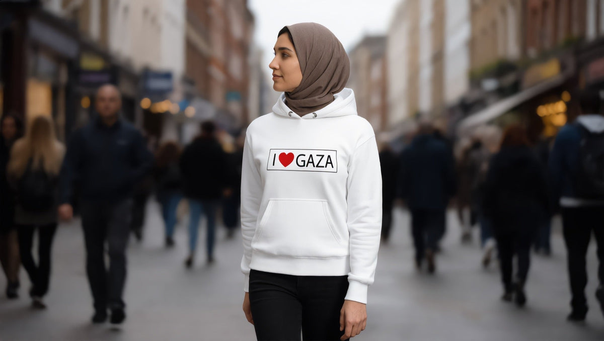 Woman wearing an I Love Gaza hoodie on Camden High Street, Camden, London