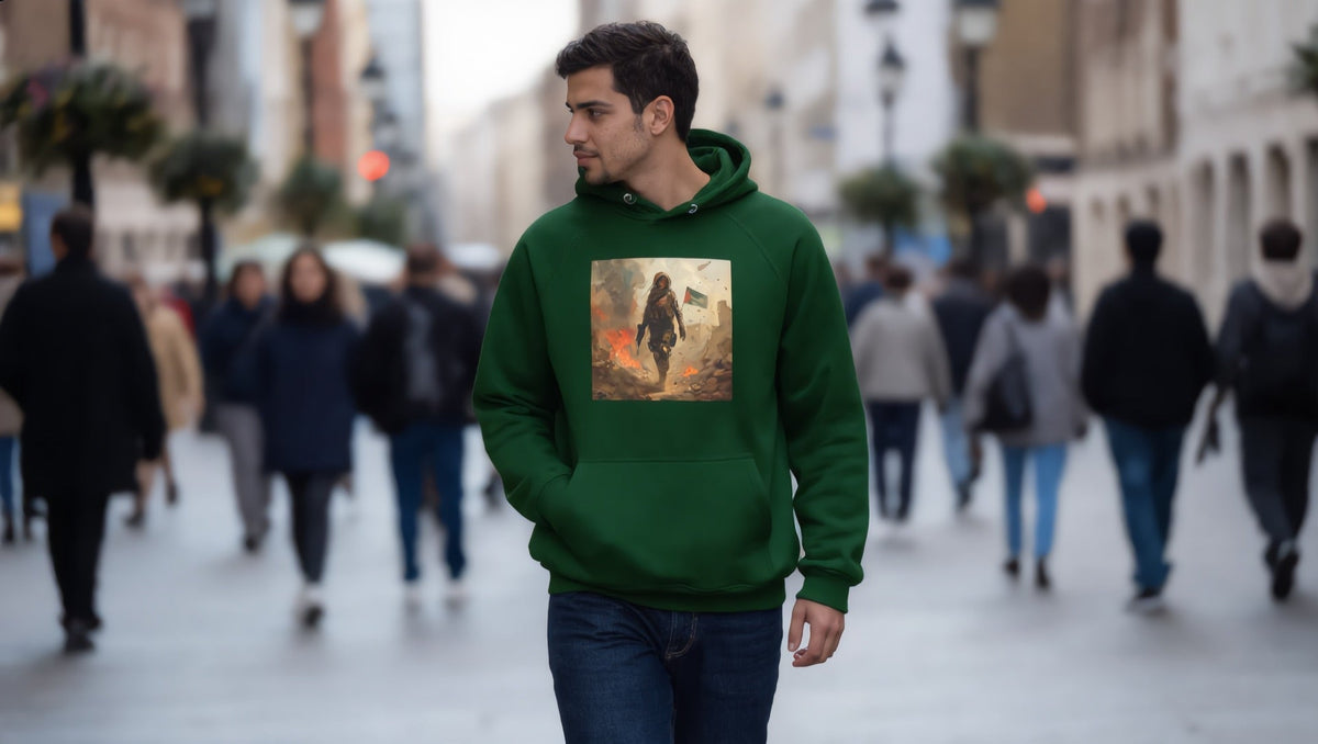 Man wearing a Palestine Resistance hoodie on Holloway Road, Holloway, London