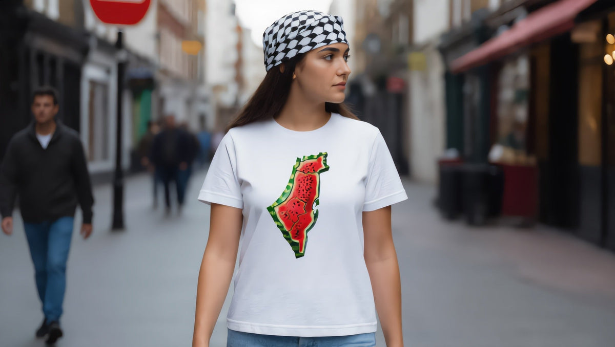 Woman wearing a Palestine Watermelon T-shirt on Columbia Road, Bethnal Green, London