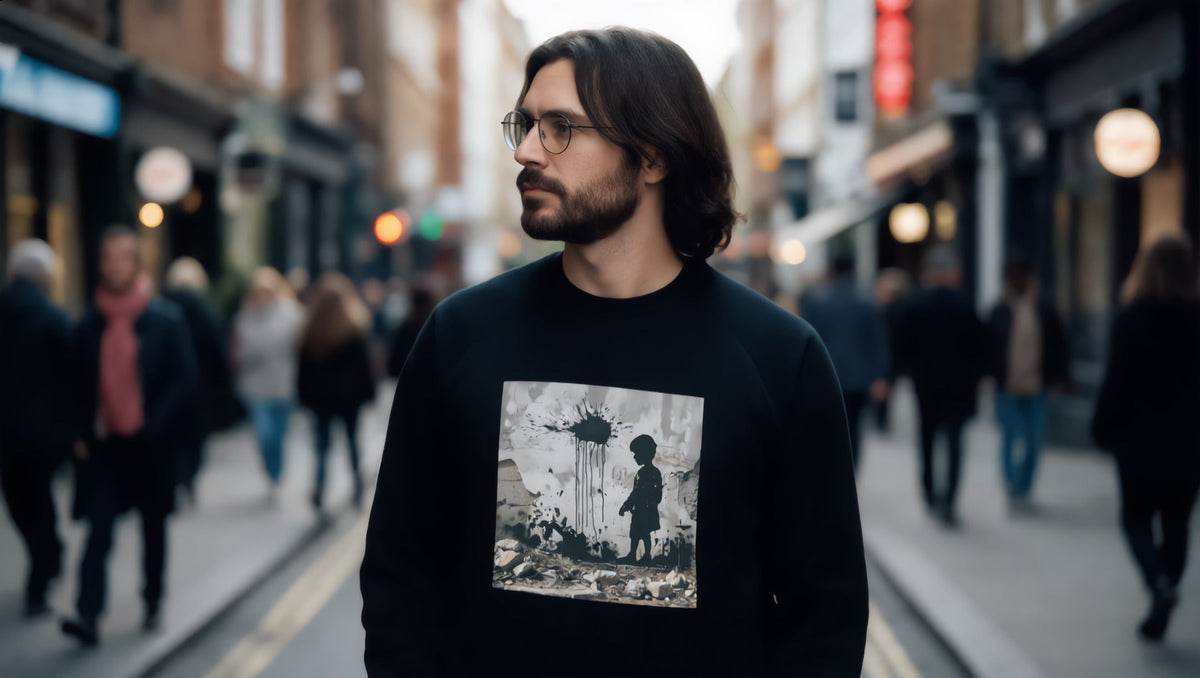 Man wearing a Palestine Wall sweatshirt on Redchurch Street, Shoreditch, London
