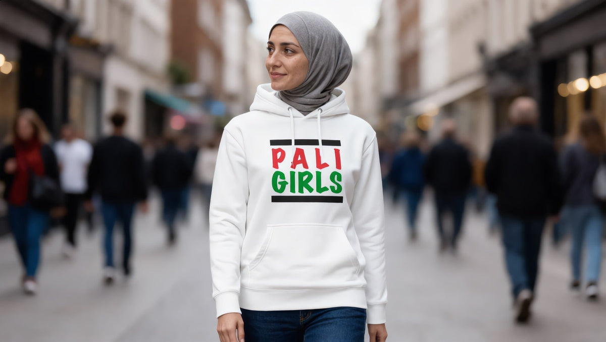 Woman wearing a Pali Girls hoodie on King's Road, Chelsea, London
