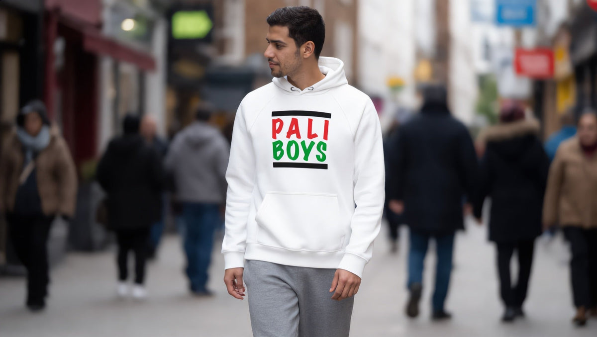 Man wearing a Pali Boys hoodie on Mare Street, Hackney, London