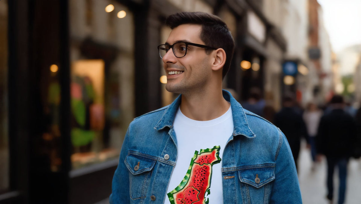 Man wearing a watermelon map t-shirt under a denim jacket in Greenwich, London