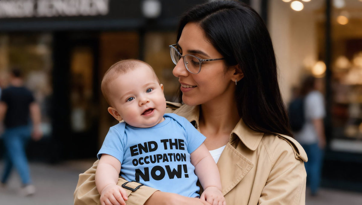 Mother holding a baby in a blue End the Occupation Now baby one-piece on Marylebone High Street, London