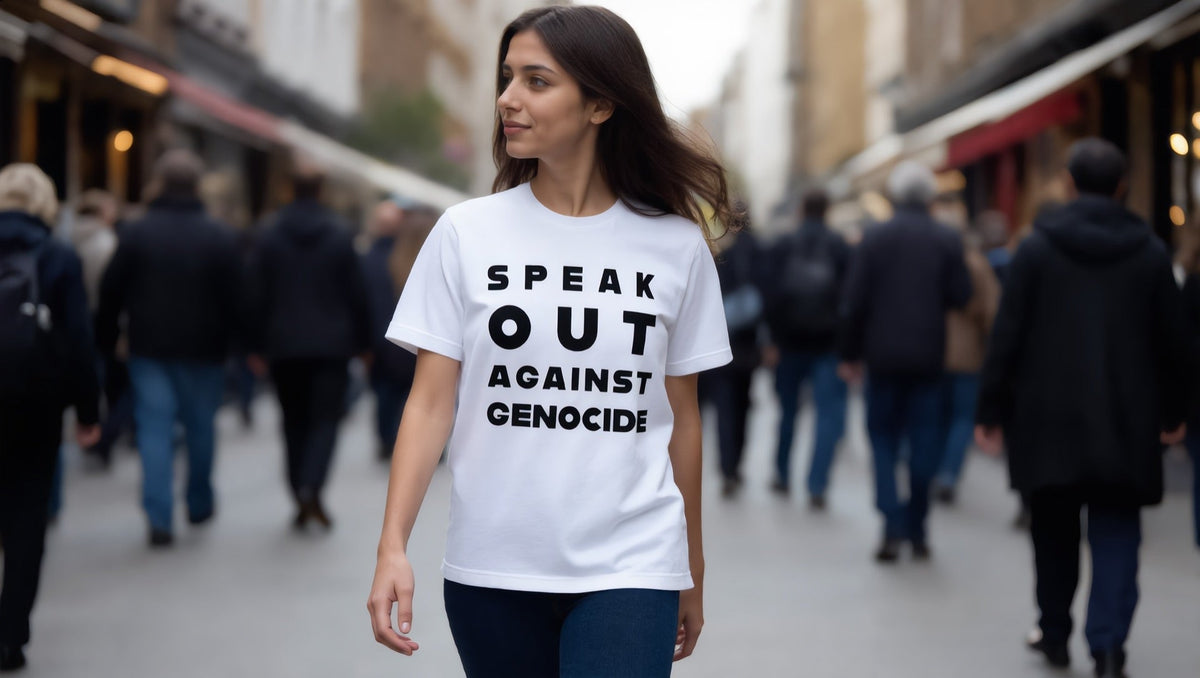 Woman wearing a Speak Out Against Genocide T-shirt on Old Street, Shoreditch, London