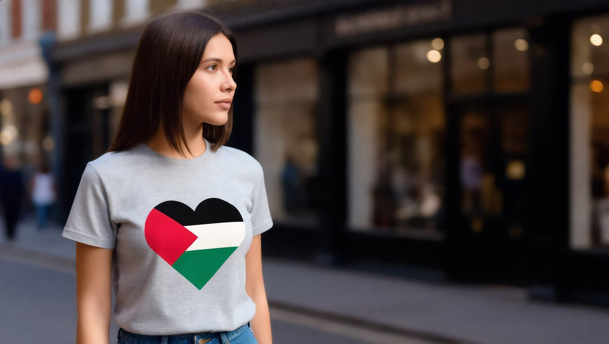 Woman wearing a grey Palestine heart t-shirt on King's Road, Chelsea, London