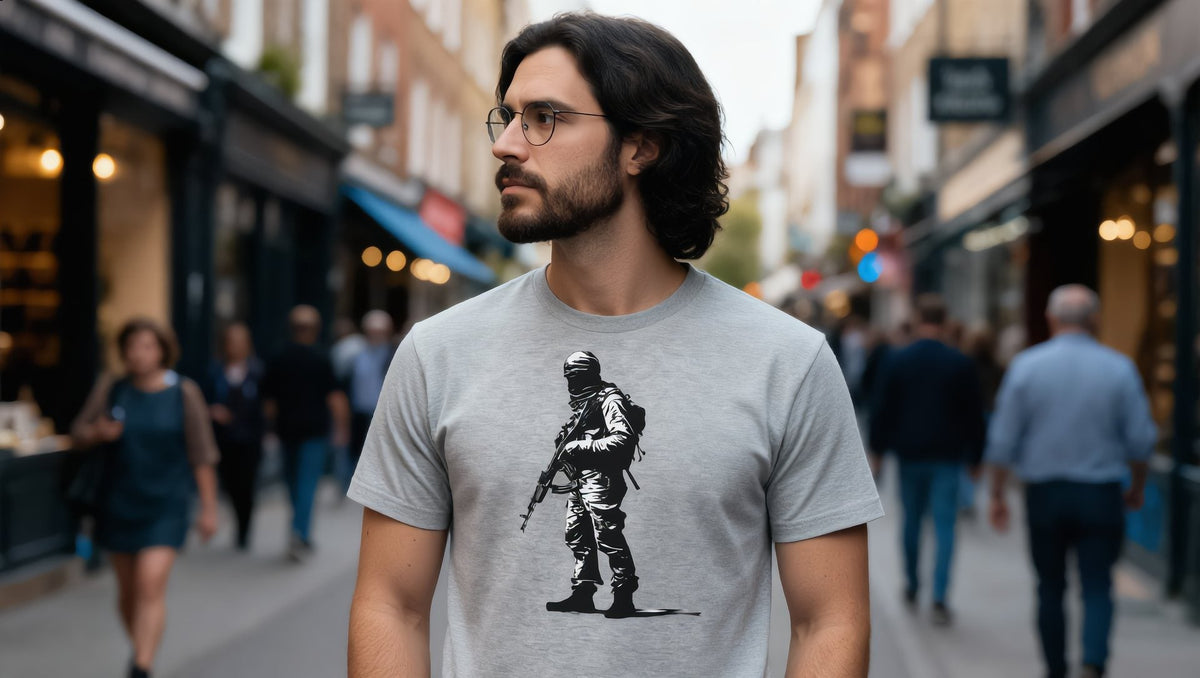 Man wearing a grey The Fighter t-shirt on Camden High Street, London
