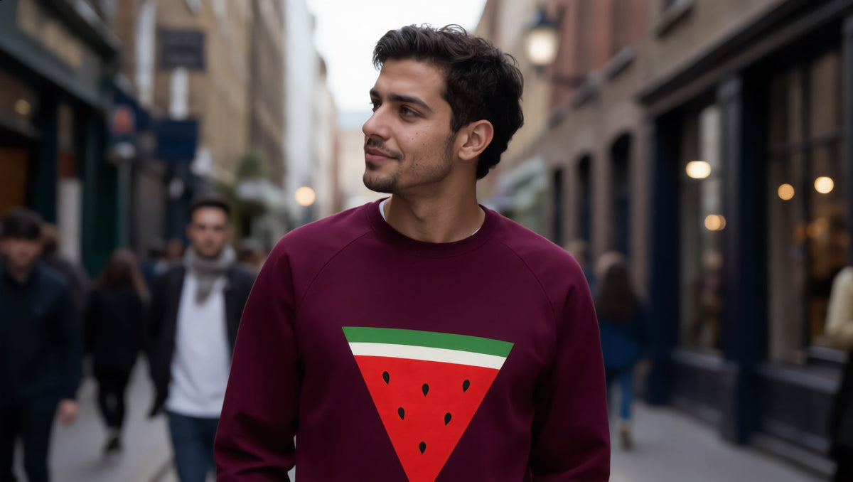 Man wearing a Triangle Watermelon sweatshirt on Brick Lane, Shoreditch, London