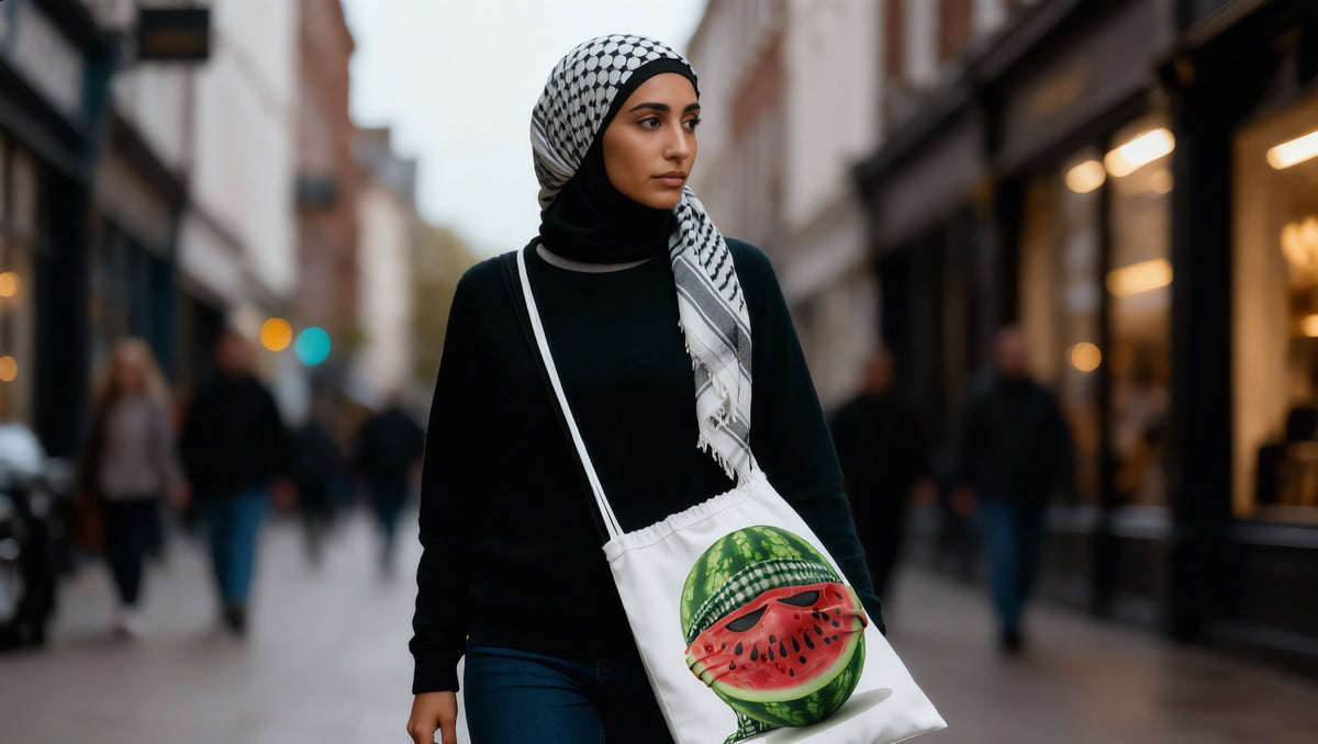 Woman carrying a Watermelon Fighter drawstring bag on Lower Marsh, Waterloo, London