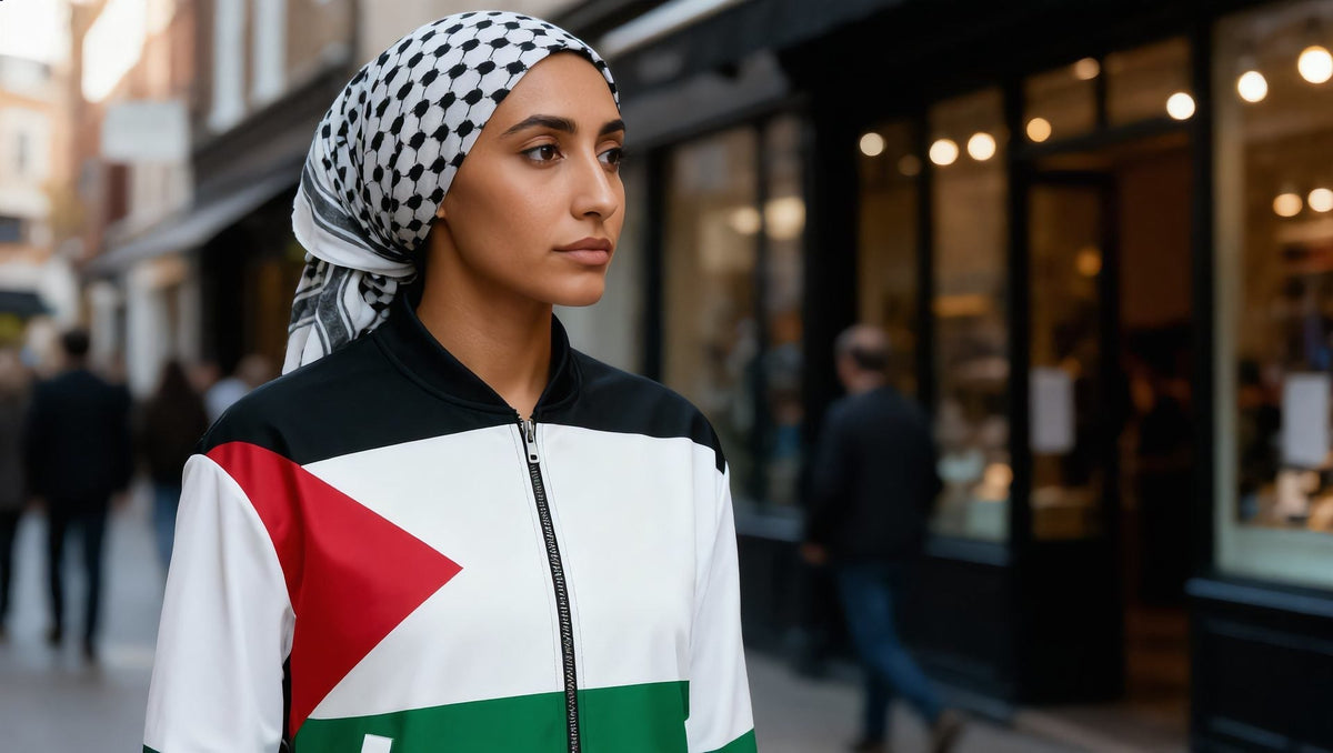 Woman wearing a Palestine flag bomber jacket on Stoke Newington Church Street, London