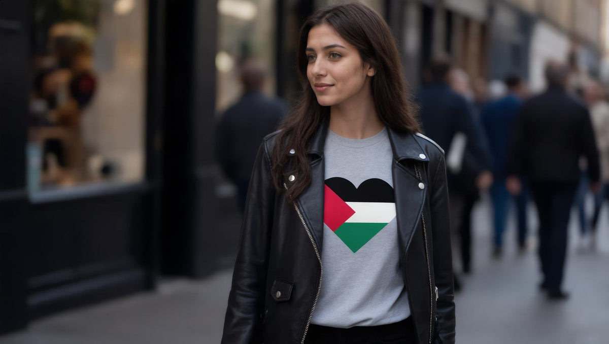 Woman wearing a Palestine heart t-shirt and leather jacket on Clerkenwell Road, London