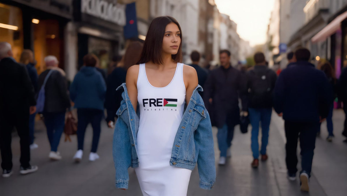 Woman wearing a white Free Palestine dress with a denim jacket on King's Road, Chelsea, London