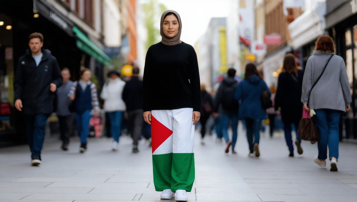 Woman wearing Palestine flag wide-leg trousers on Camden High Street, London