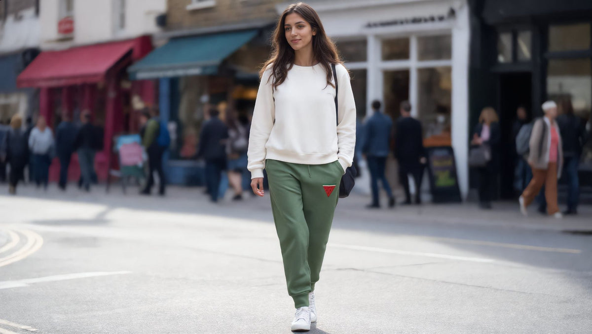 Woman wearing sage green joggers with a watermelon triangle on Upper Street, Islington, London
