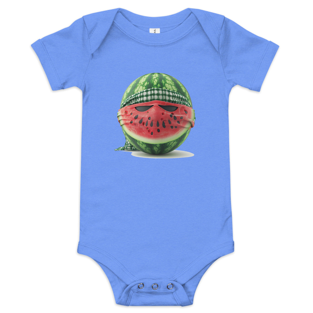 Baby short sleeve one piece - Palestine Watermelon Fighter, Heather Columbia Blue