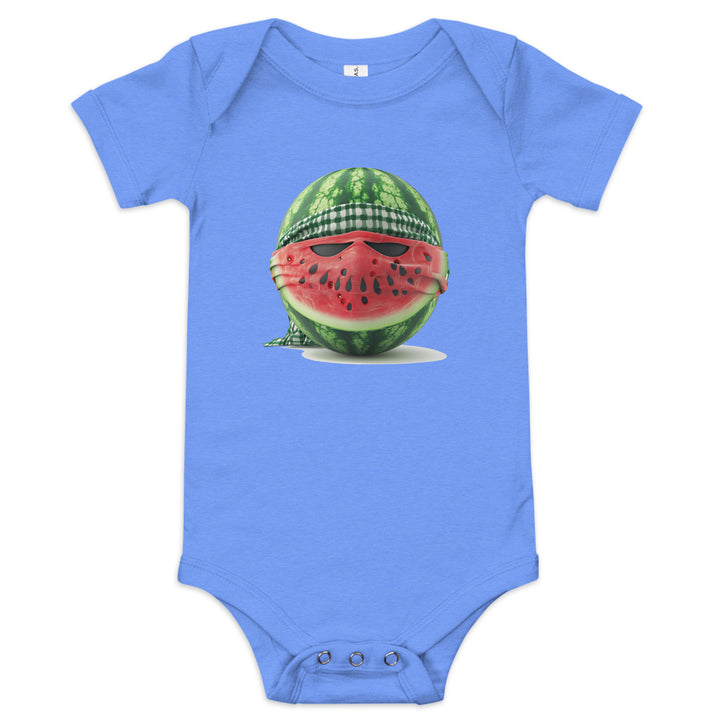 Baby short sleeve one piece - Palestine Watermelon Fighter, Heather Columbia Blue