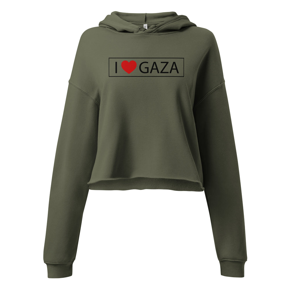 Crop Hoodie - I Love Gaza, Womens Cropped Hoodie Military Green