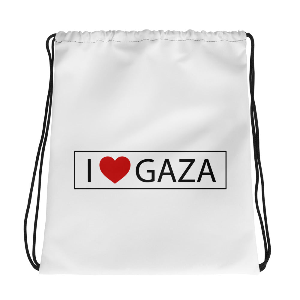 Drawstring bag – I Love Gaza, White, front view