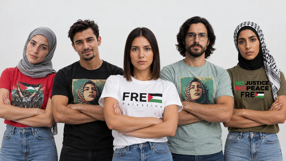 Group of friends with crossed arms wearing Free Palestine t-shirts