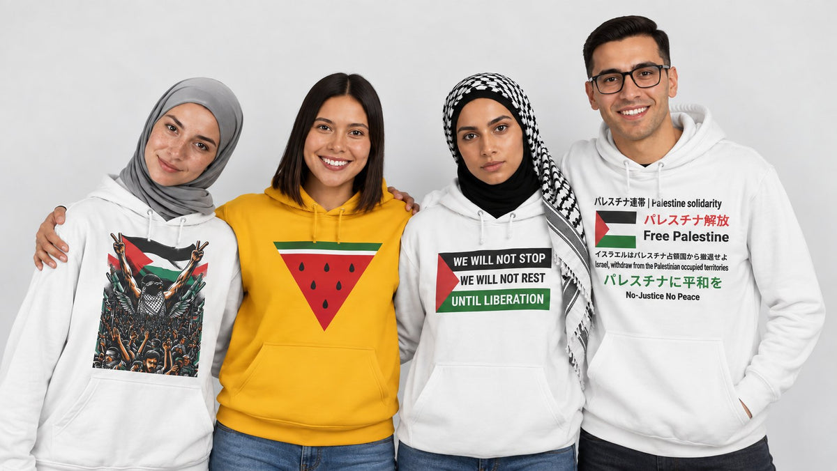 Group of friends wearing Free Palestine hoodies and sweatshirts