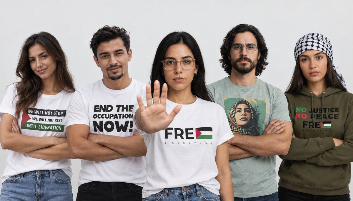 Group of friends wearing Free Palestine t-shirts and a hoodie