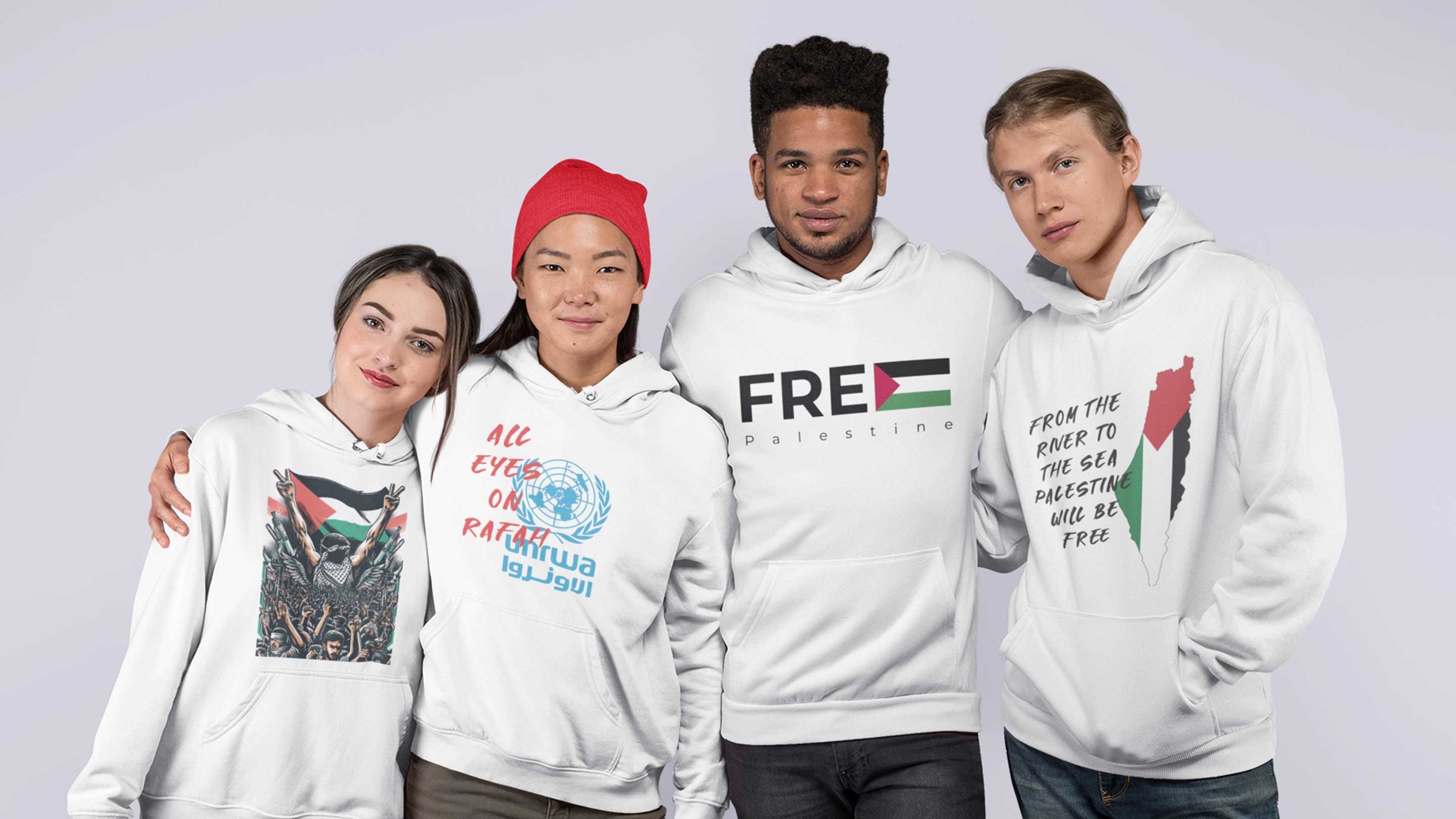 Group of Young people with free palestine, all eyes on gaza shirts