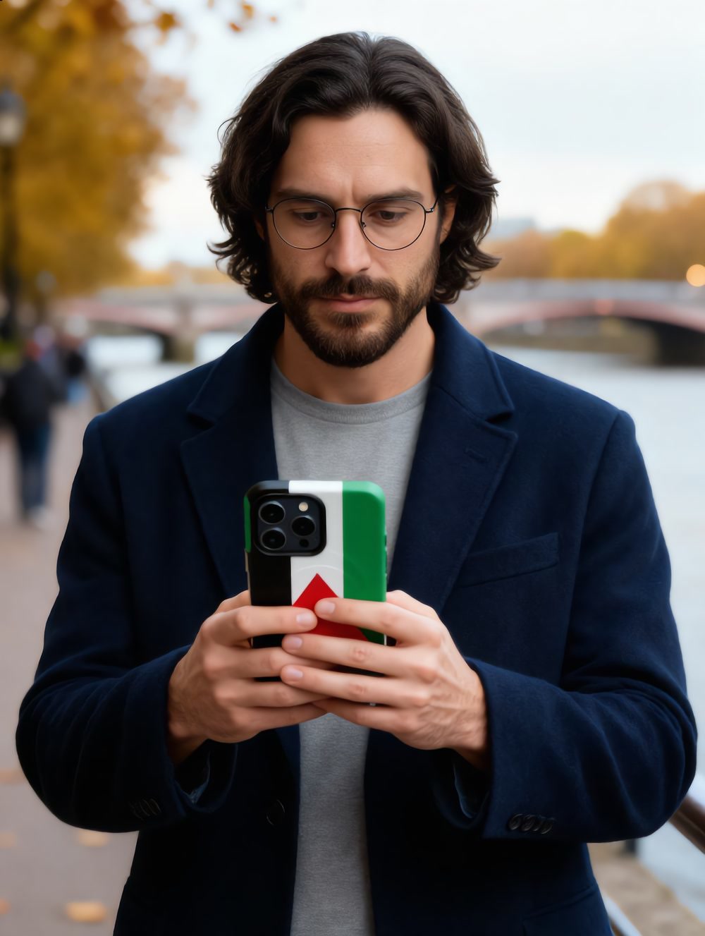 Man on the South Bank, London holding the new iPhone 18 Pro Max in a Palestine Flag MagSafe tough case