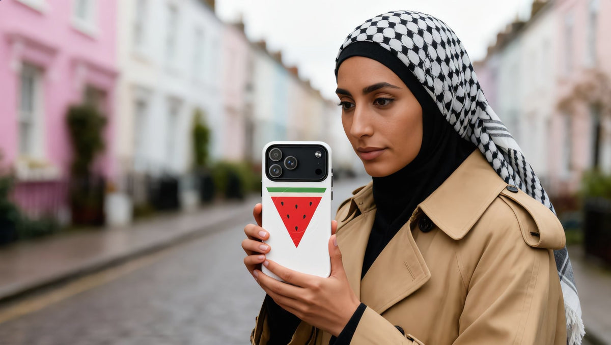 Woman in Notting Hill, London holding the new iPhone 18 Pro Max in a Triangle Watermelon MagSafe tough case