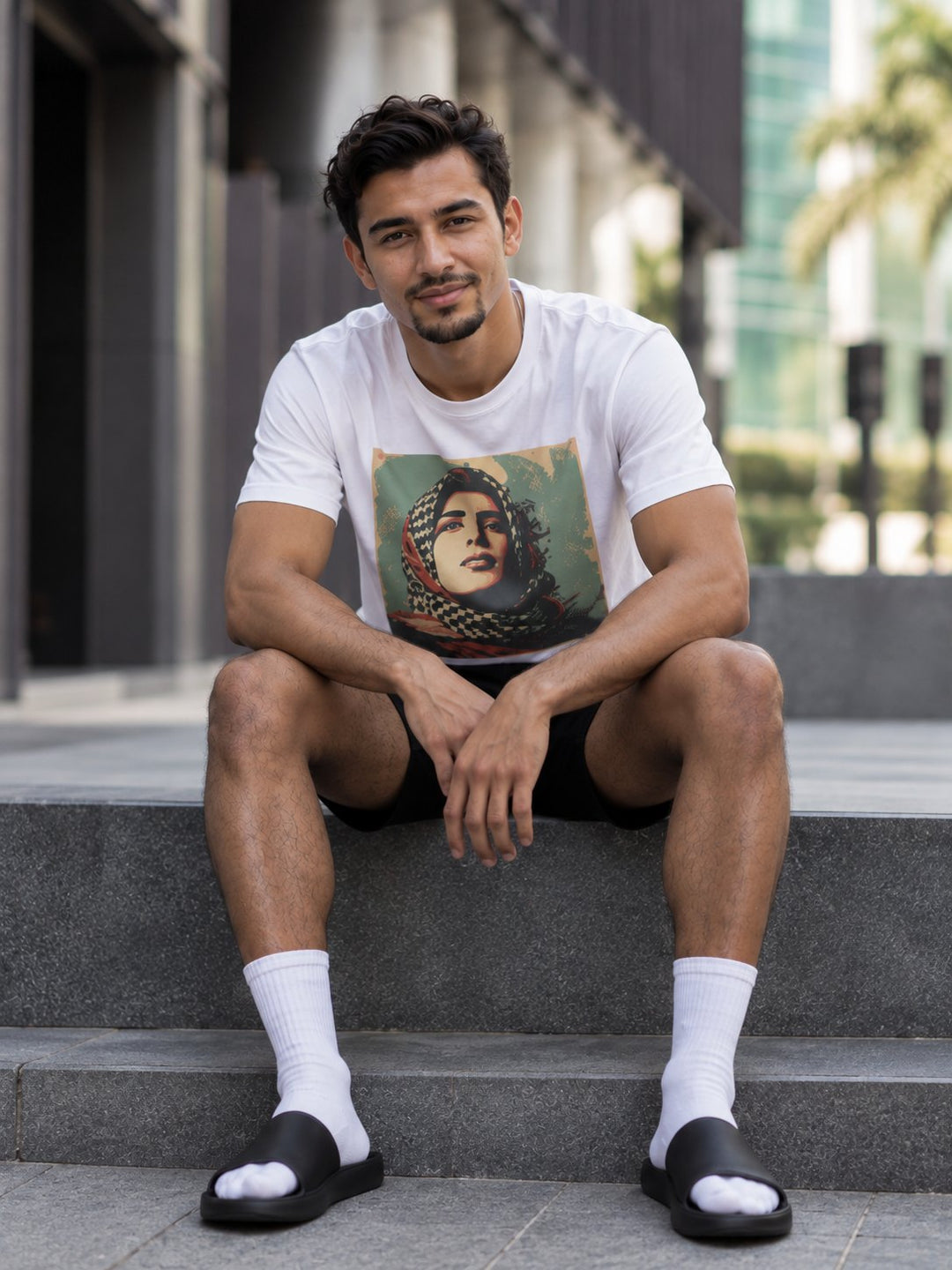Man in a Palestine print t-shirt sitting on city steps