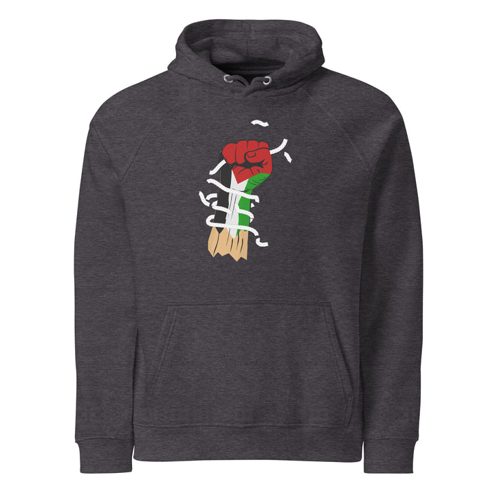 Men eco raglan hoodie - Palestine Hand, Eco Raglan Hoodie Charcoal Melange