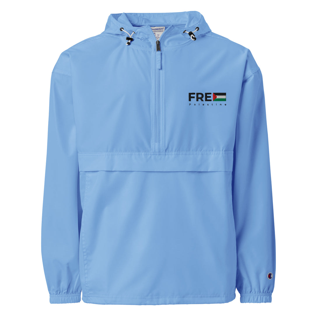 Men Embroidered Champion Packable Jacket - Free Palestine, Embroidered Champion Packable Jacket Light Blue