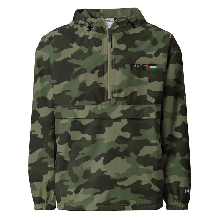 Men Embroidered Champion Packable Jacket - Free Palestine, Embroidered Champion Packable Jacket Olive Green Camo