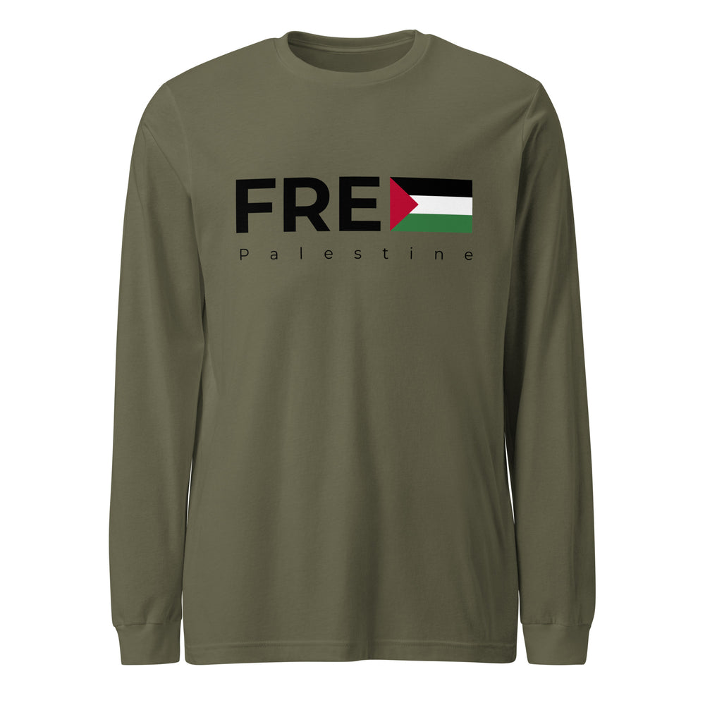 Men Long Sleeve Tee - Free Palestine, Military Green