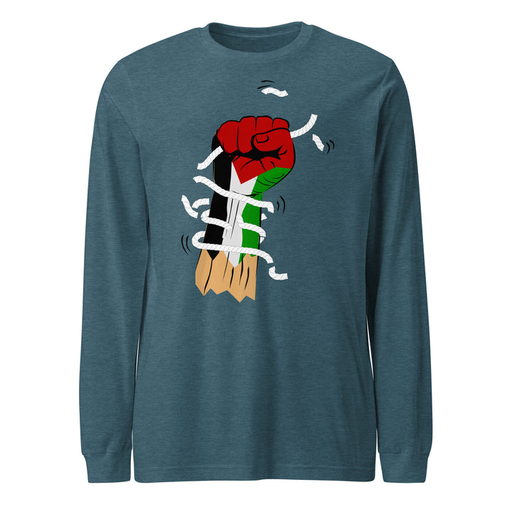 Men Long Sleeve Tee - Palestine Hand, Heather Deep Teal