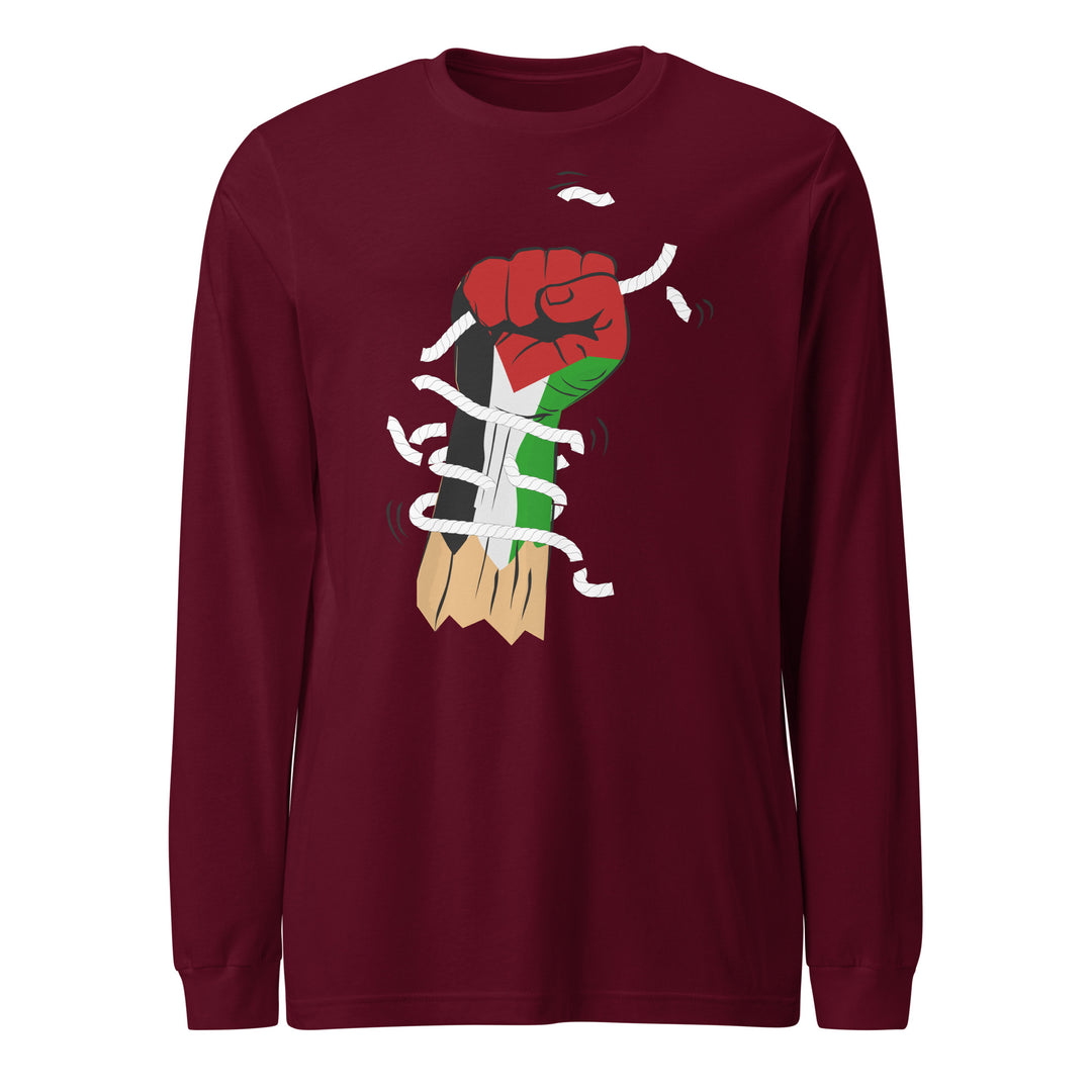 Men Long Sleeve Tee - Palestine Hand, Maroon