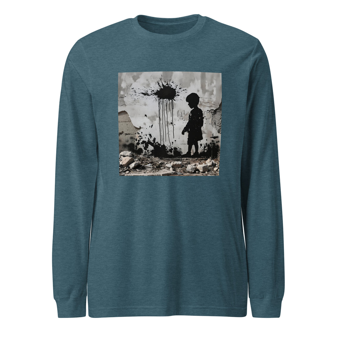 Men Long Sleeve Tee - Palestine Wall, Heather Deep Teal