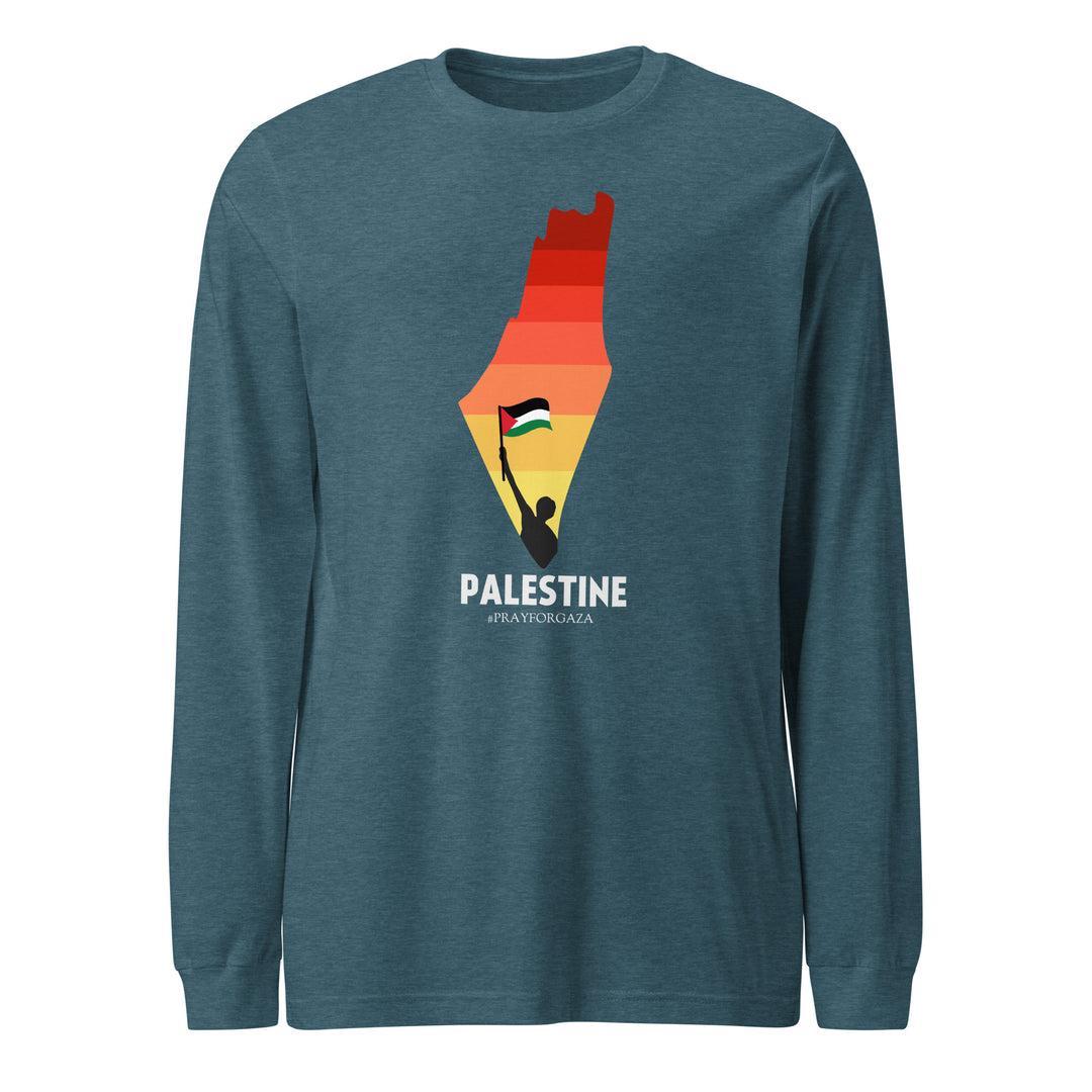 Men Long Sleeve Tee - Palestine Map, Heather Deep Teal