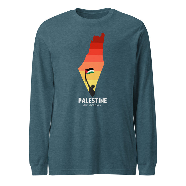 Men Long Sleeve Tee - Palestine Map, Heather Deep Teal