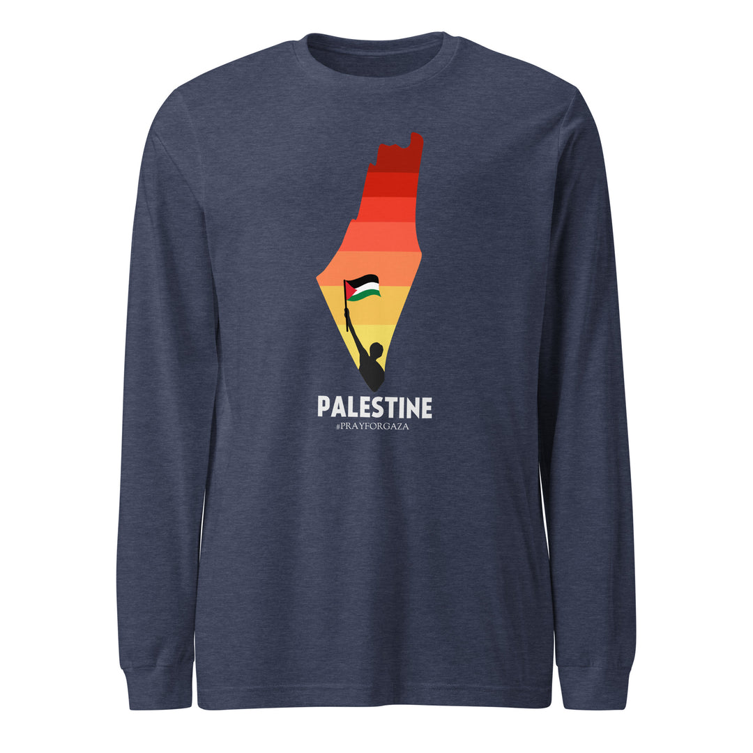 Men Long Sleeve Tee - Palestine Map, Heather Navy