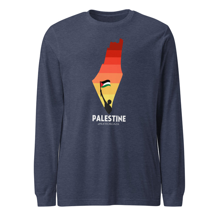 Men Long Sleeve Tee - Palestine Map, Heather Navy