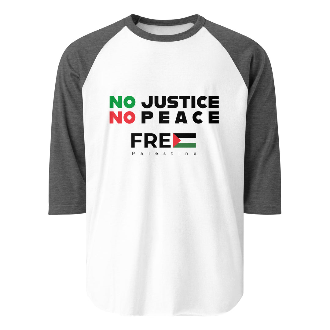 Men’s 3/4 Sleeve Raglan Shirt - No Justice No Peace, 34 Sleeve Raglan Shirt White Heather Charcoal