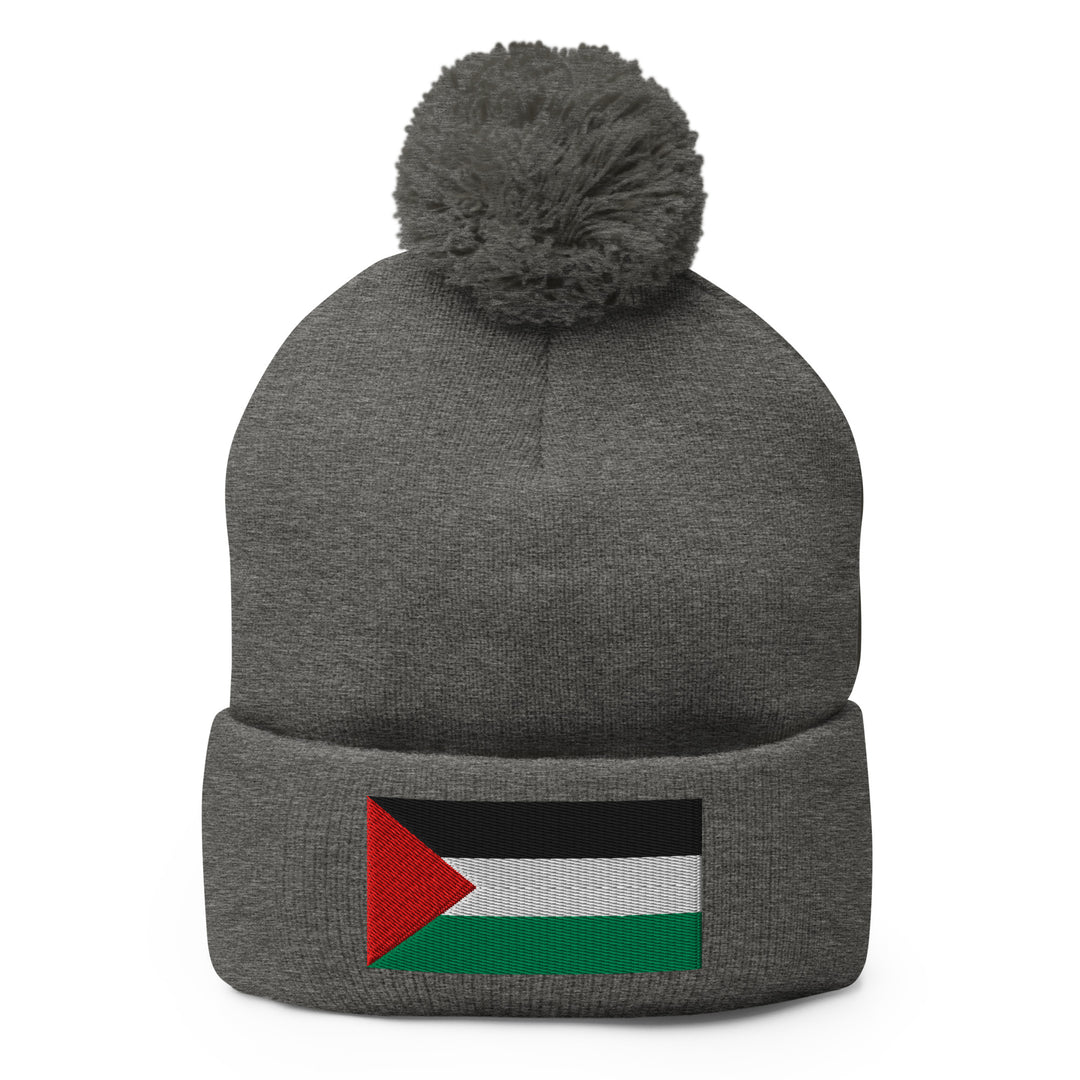 Pom-Pom Beanie - Palestine Flag, Pom Pom Knit Cap Dark Heather Grey