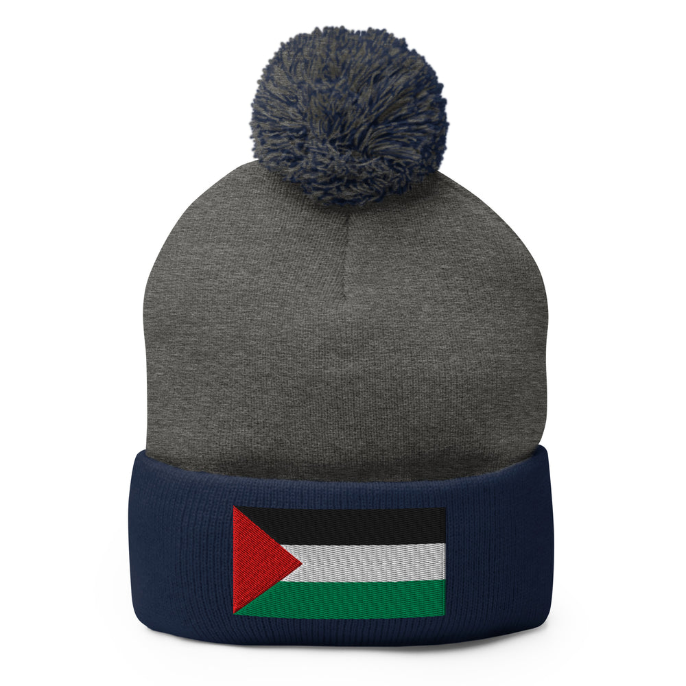 Pom-Pom Beanie - Palestine Flag, Pom Pom Knit Cap Dark Heather Grey Navy