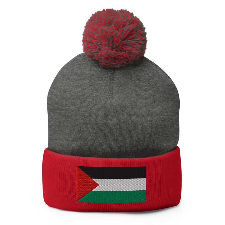 Pom-Pom Beanie - Palestine Flag, Pom Pom Knit Cap Dark Heather Grey Red